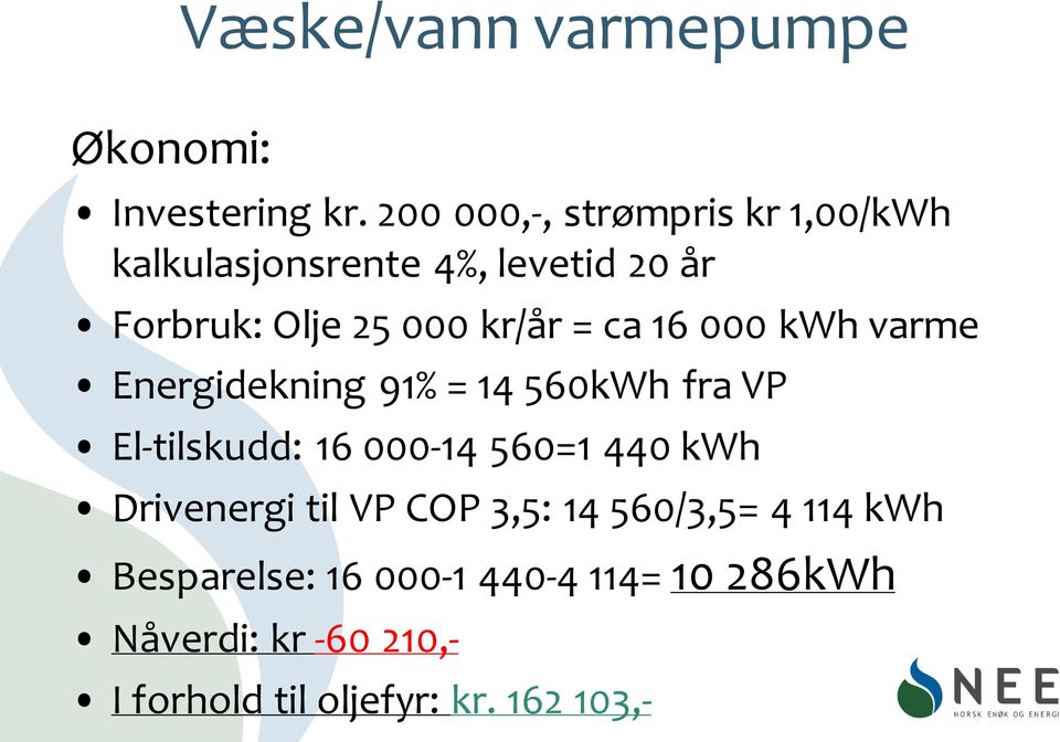 = ca 16 000 kwh varme Energidekning 91% = 14 560kWh fra VP El-tilskudd: 16 000-14 560=1 440 kwh