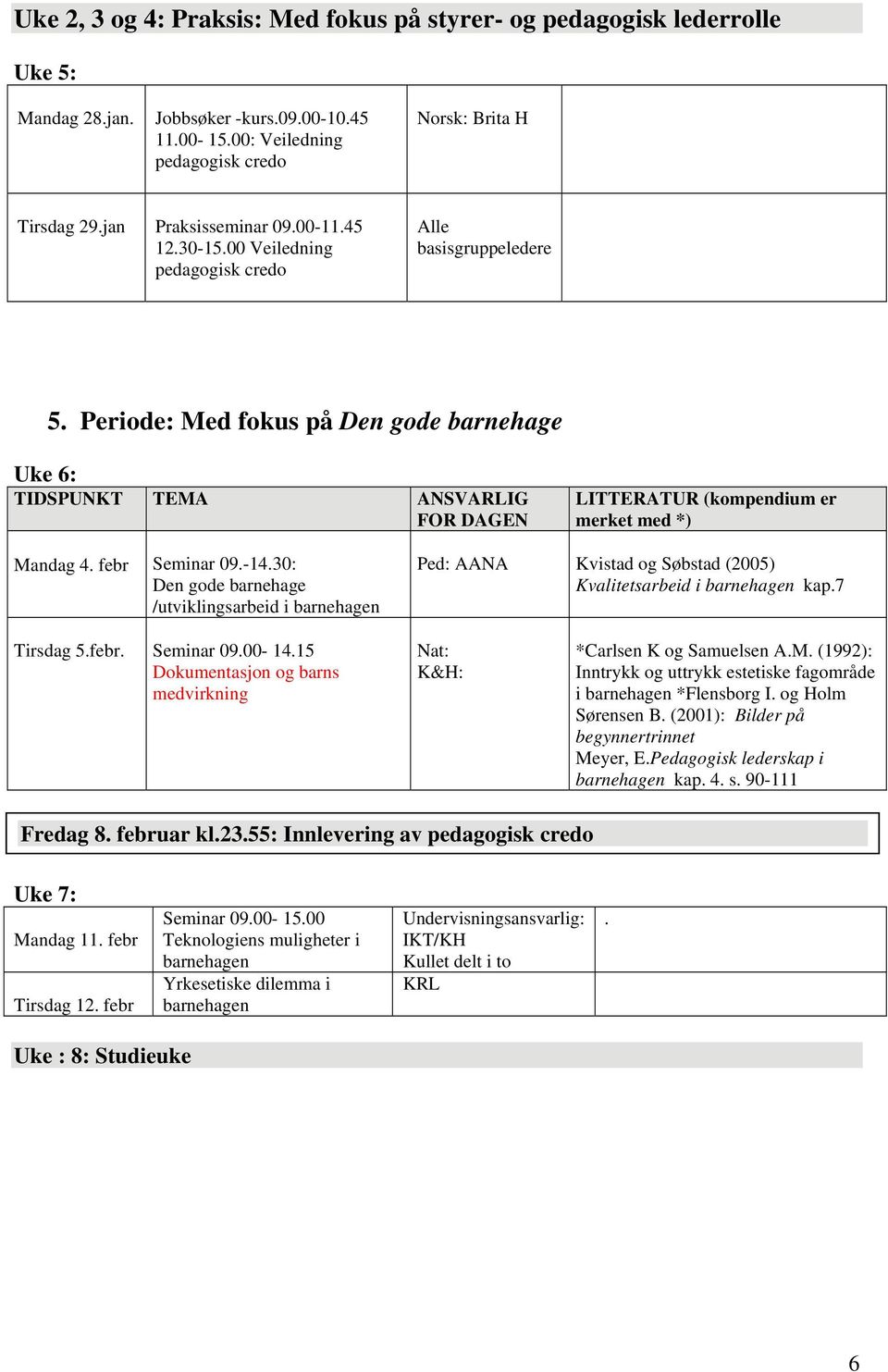 30: Den gode barnehage /utviklingsarbeid i barnehagen Ped: AANA Kvistad og Søbstad (2005) Kvalitetsarbeid i barnehagen kap.7 Tirsdag 5.febr. Seminar 09.00-14.