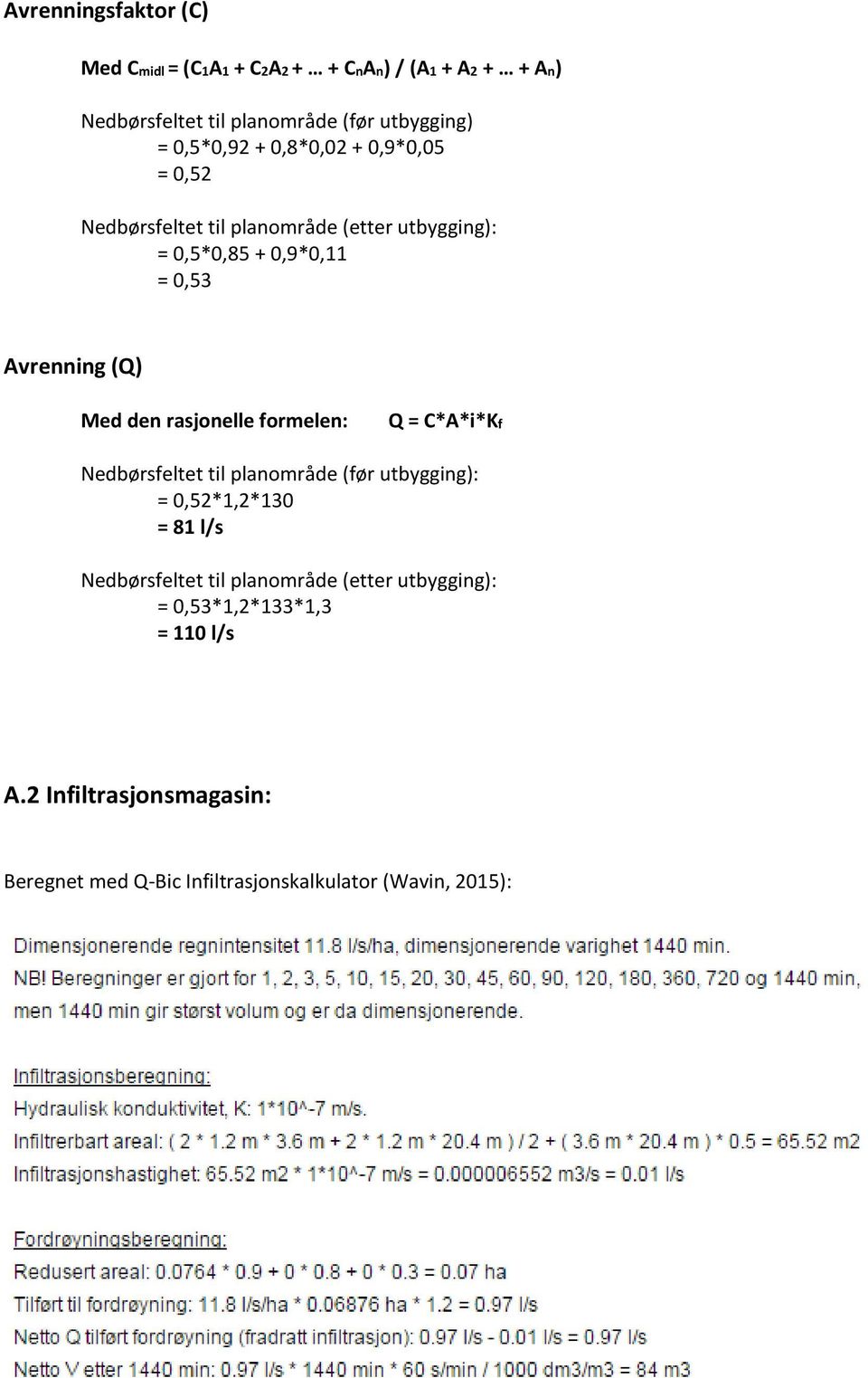 rasjonelle formelen: Q = C*A*i*Kf Nedbørsfeltet til planområde (før utbygging): = 0,52*1,2*130 = 81 l/s Nedbørsfeltet til