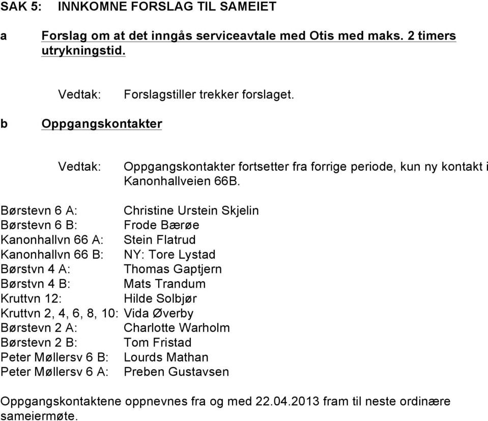 Børstevn 6 A: Christine Urstein Skjelin Børstevn 6 B: Frode Bærøe Kanonhallvn 66 A: Stein Flatrud Kanonhallvn 66 B: NY: Tore Lystad Børstvn 4 A: Thomas Gaptjern Børstvn 4 B: Mats