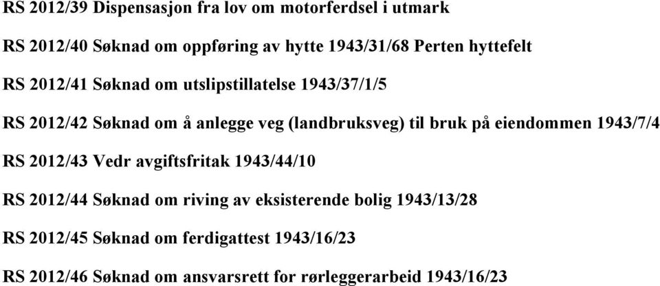 bruk på eiendommen 1943/7/4 RS 2012/43 Vedr avgiftsfritak 1943/44/10 RS 2012/44 Søknad om riving av eksisterende