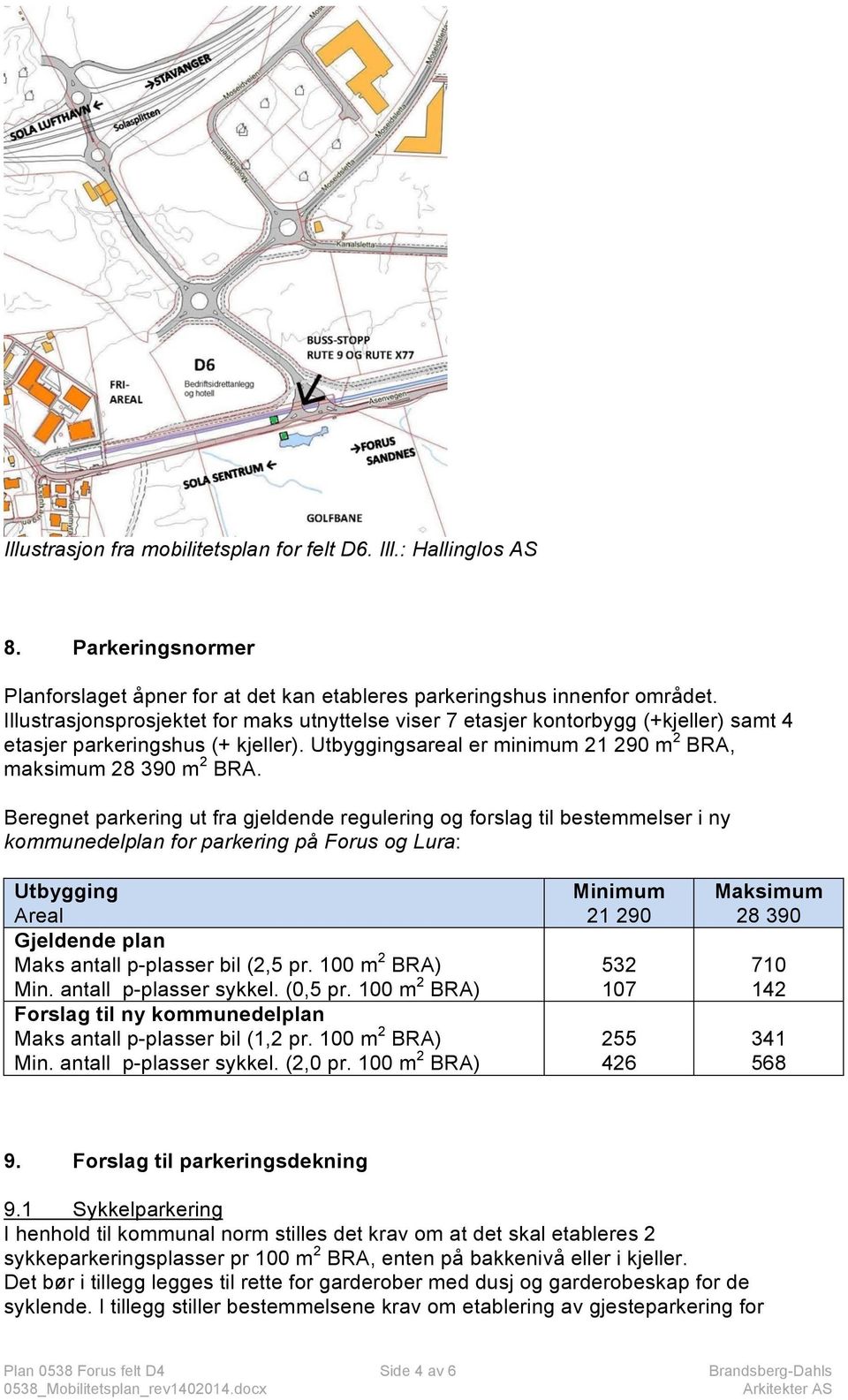 Beregnet parkering ut fra gjeldende regulering og forslag til bestemmelser i ny kommunedelplan for parkering på Forus og Lura: Utbygging Areal Gjeldende plan Maks antall p-plasser bil (2,5 pr.