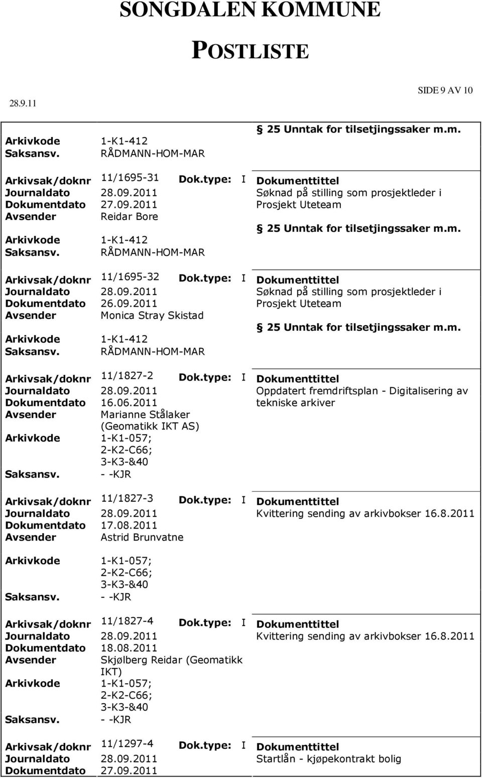 2011 tekniske arkiver Avsender Marianne Stålaker (Geomatikk IKT AS) 1-K1-057; 2-K2-C66; 3-K3-&40 - -KJR Arkivsak/doknr 11/1827-3 Kvittering sending av arkivbokser 16.8.2011 Dokumentdato 17.08.