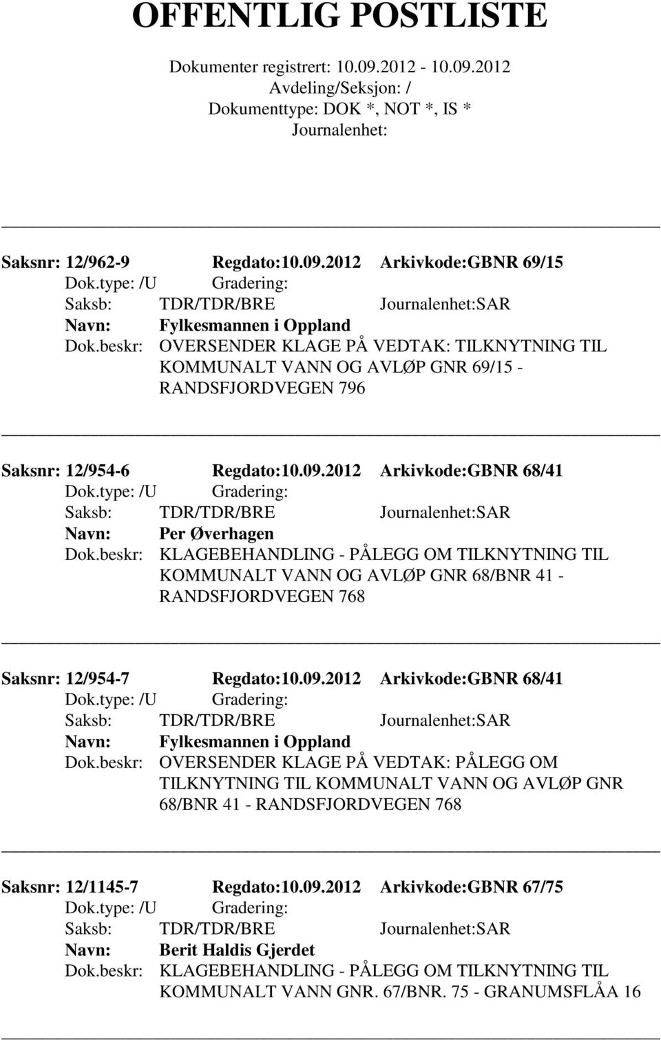 2012 Arkivkode:GBNR 68/41 Per Øverhagen KOMMUNALT VANN OG AVLØP GNR 68/BNR 41 - RANDSFJORDVEGEN 768 Saksnr: 12/954-7 Regdato:10.09.