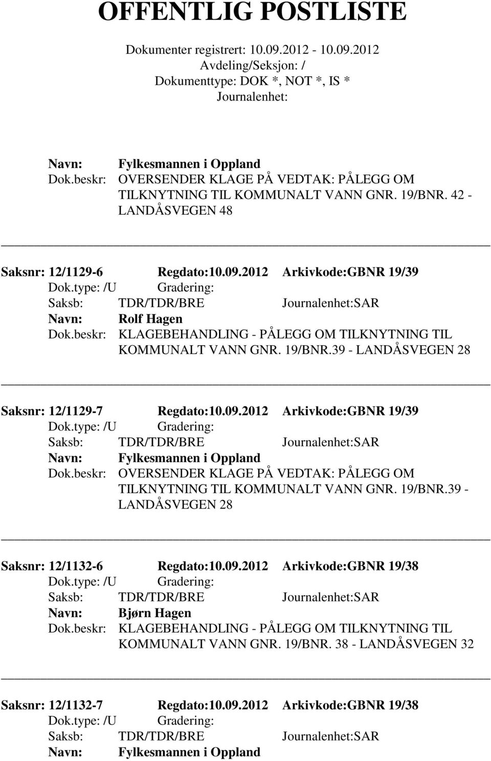 2012 Arkivkode:GBNR 19/39 Fylkesmannen i Oppland TILKNYTNING TIL KOMMUNALT VANN GNR. 19/BNR.