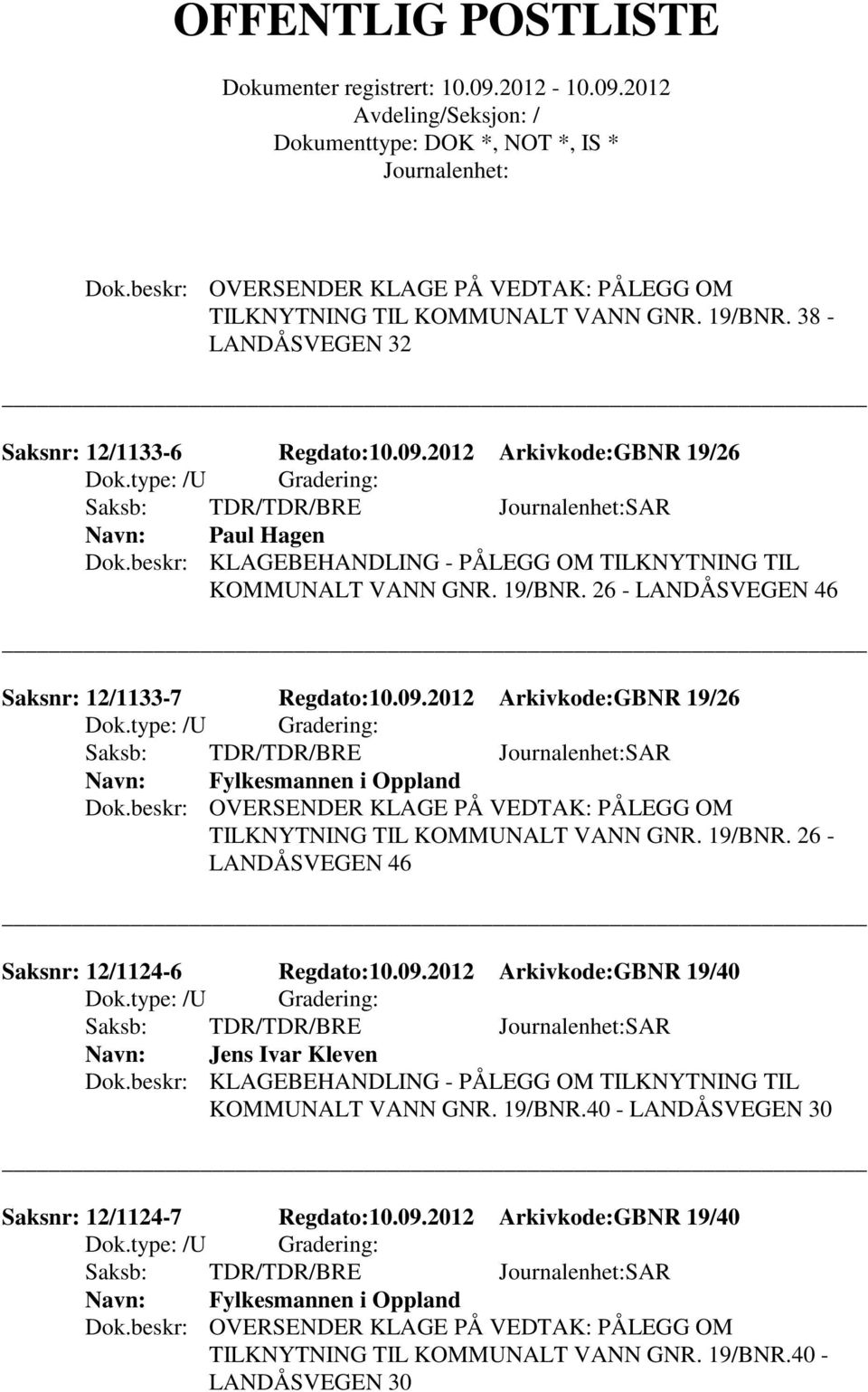 2012 Arkivkode:GBNR 19/26 Fylkesmannen i Oppland TILKNYTNING TIL KOMMUNALT VANN GNR. 19/BNR. 26 - LANDÅSVEGEN 46 Saksnr: 12/1124-6 Regdato:10.09.