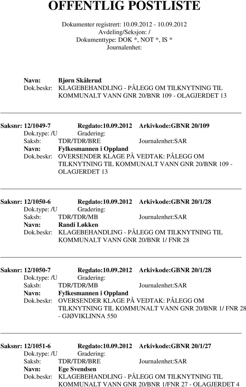 2012 Arkivkode:GBNR 20/109 Fylkesmannen i Oppland TILKNYTNING TIL KOMMUNALT VANN GNR 20/BNR 109 - OLAGJERDET 13 Saksnr: 12/1050-6 Regdato:10.09.2012 Arkivkode:GBNR 20/1/28 Saksb: TDR/TDR/MB SAR Randi Løkken KOMMUNALT VANN GNR 20/BNR 1/ FNR 28 Saksnr: 12/1050-7 Regdato:10.