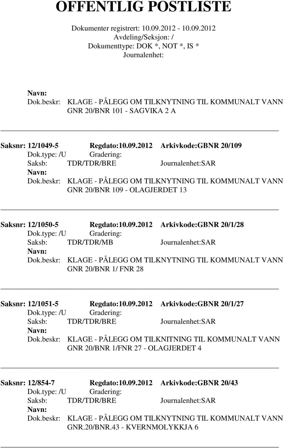 GNR 20/BNR 109 - OLAGJERDET 13 Saksnr: 12/1050-5 Regdato:10.09.2012 Arkivkode:GBNR 20/1/28 Saksb: TDR/TDR/MB SAR GNR 20/BNR 1/ FNR 28 Saksnr: 12/1051-5 Regdato:10.