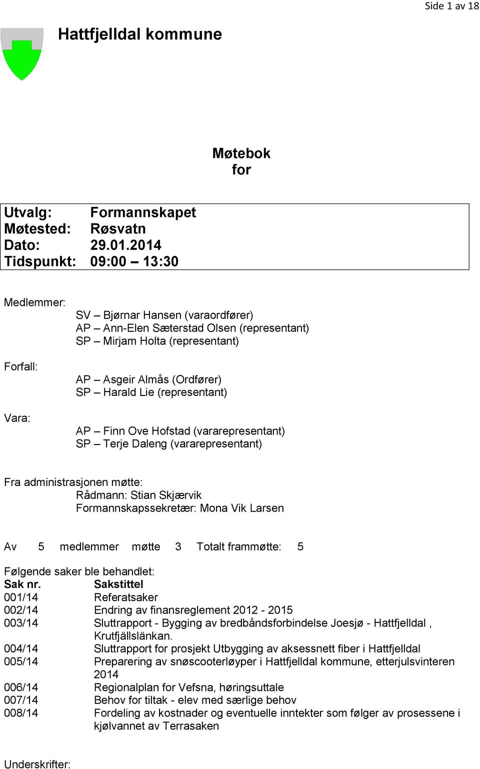 Lie (representant) AP Finn Ove Hofstad (vararepresentant) SP Terje Daleng (vararepresentant) Fra administrasjonen møtte: Rådmann: Stian Skjærvik Formannskapssekretær: Mona Vik Larsen Av 5 medlemmer