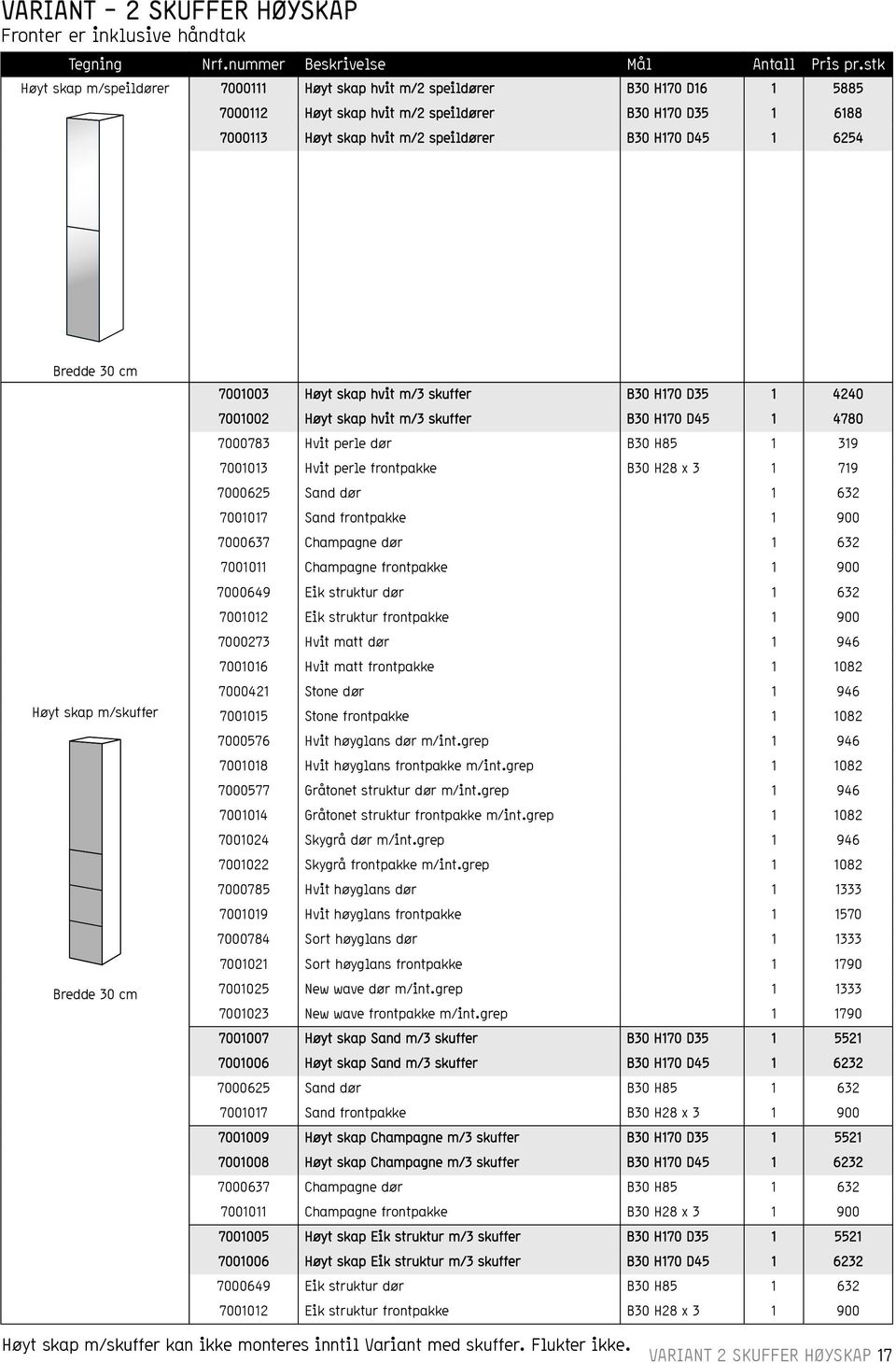 7001013 Hvit perle frontpakke B30 H28 x 3 1 719 7000625 Sand dør 1 632 7001017 Sand frontpakke 1 900 7000637 Champagne dør 1 632 7001011 Champagne frontpakke 1 900 7000649 Eik struktur dør 1 632
