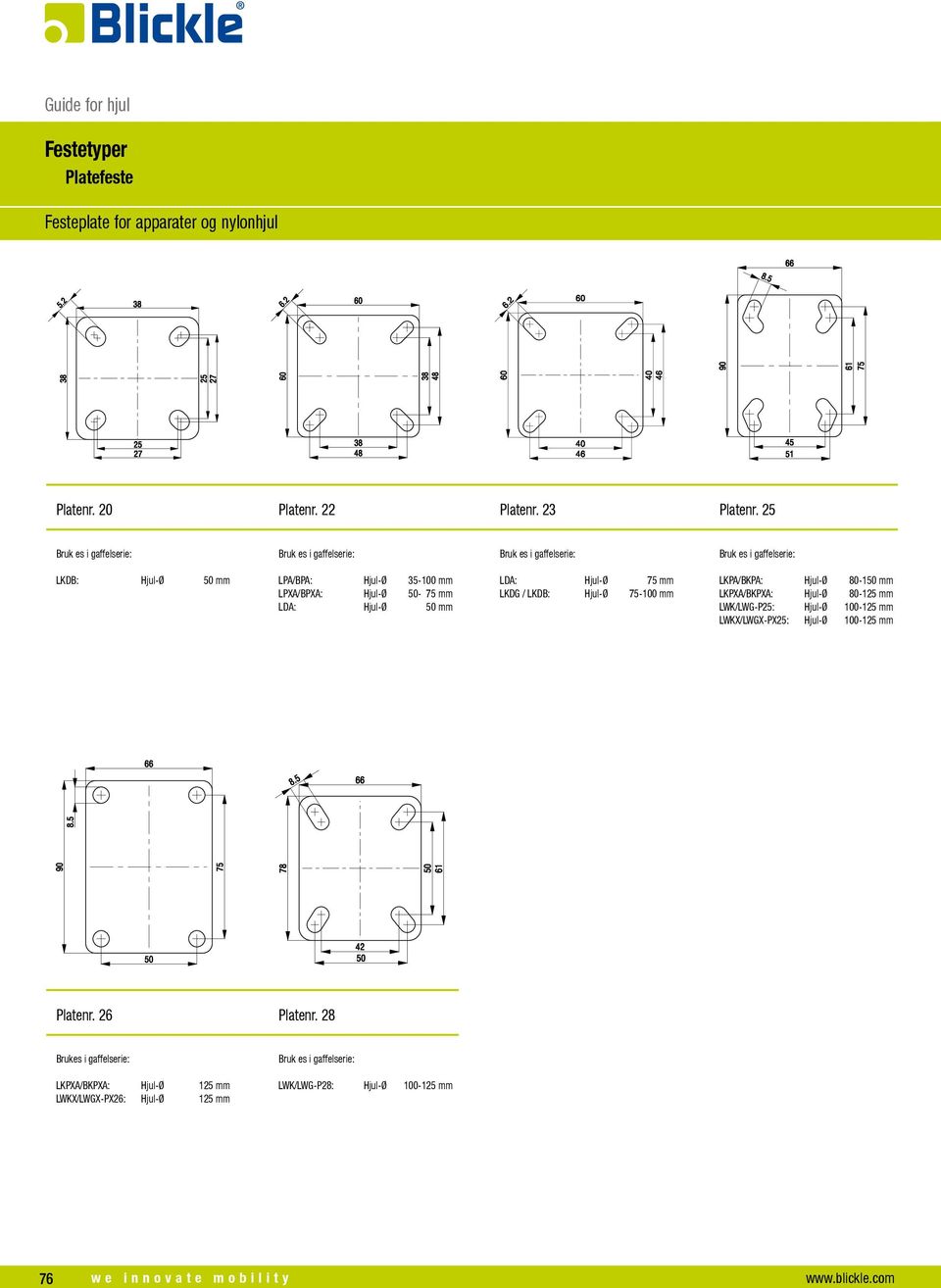 LKDB: Hjul-Ø 75-100 mm LKPA/BKPA: Hjul-Ø 80-150 mm LKPXA/BKPXA: Hjul-Ø 80-125 mm LWK/LWG-P25: Hjul-Ø 100-125 mm