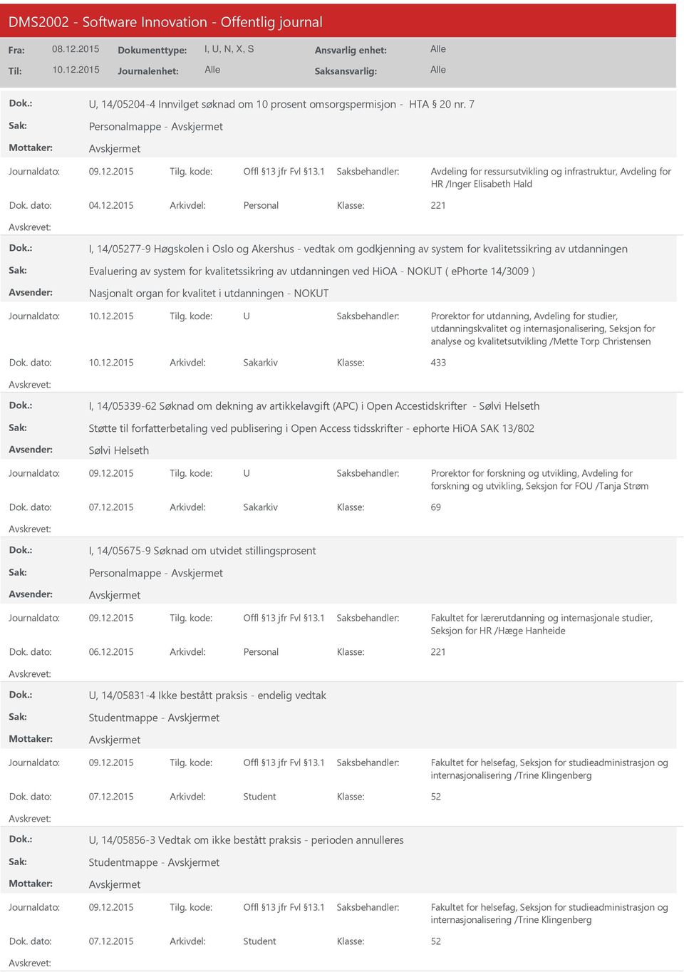 HiOA - NOKT ( ephorte 14/3009 ) Nasjonalt organ for kvalitet i utdanningen - NOKT Prorektor for utdanning, Avdeling for studier, utdanningskvalitet og internasjonalisering, Seksjon for analyse og