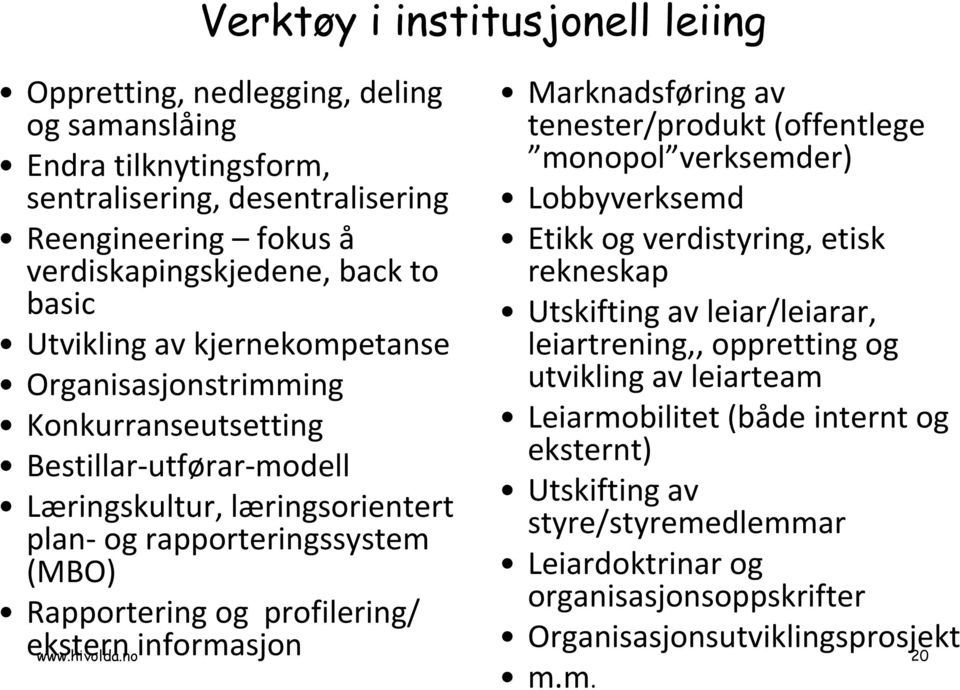 profilering/ ekstern informasjon Marknadsføring av tenester/produkt (offentlege monopol verksemder) Lobbyverksemd Etikk og verdistyring, etisk rekneskap Utskifting av leiar/leiarar,