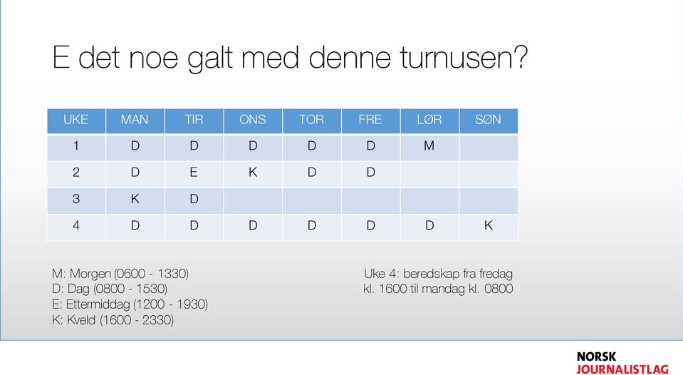 4 D D D D D D K M: Morgen (0600-1330) D: Dag (0800-1530) E: