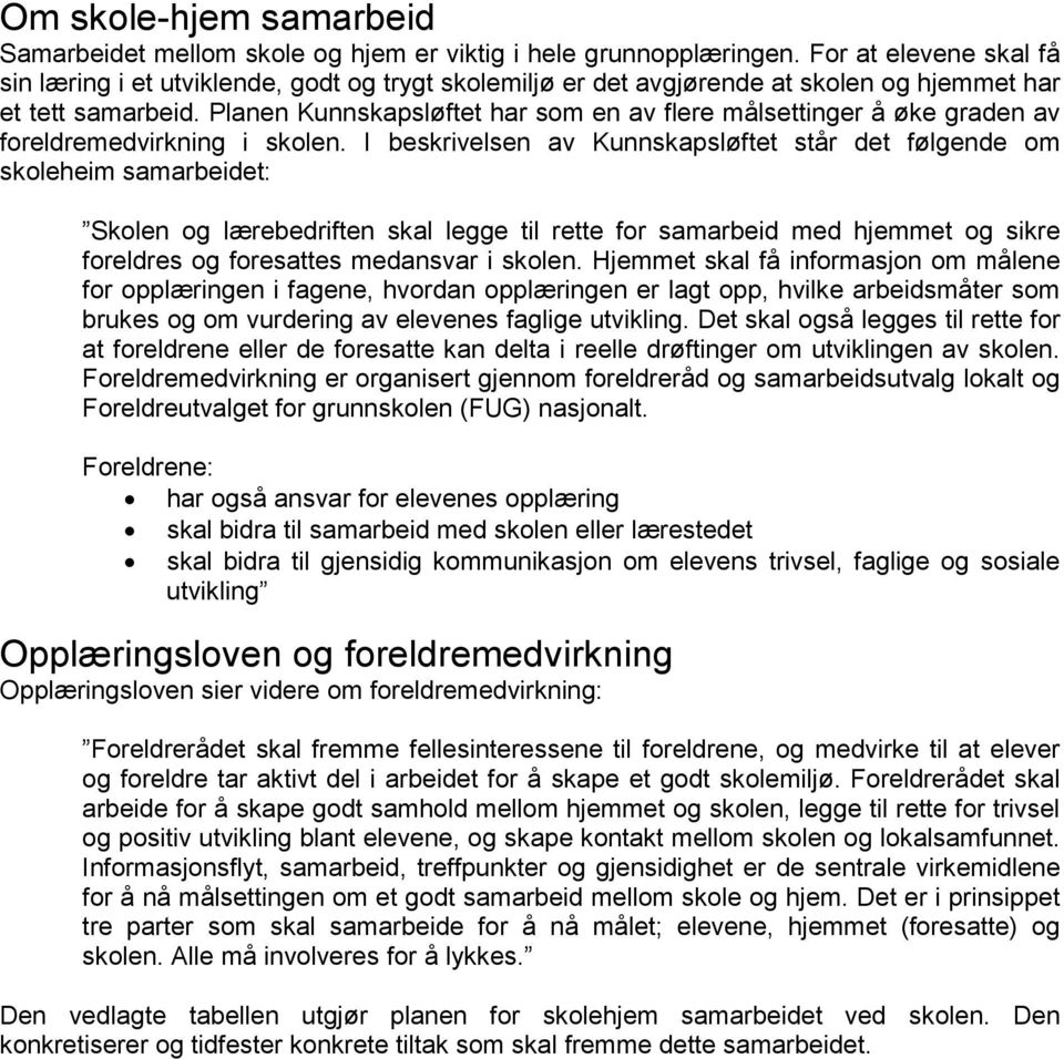 Planen Kunnskapsløftet har som en av flere målsettinger å øke graden av foreldremedvirkning i skolen.