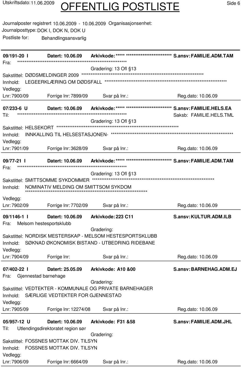 ansv: FAMILIE.HELS.EA Saksb: FAMILIE.HELS.TML Sakstittel: HELSEKORT Innhold: INNKALLING TIL HELSESTASJONEN- Lnr: 7901/09 Forrige lnr: 3628/09 Svar på lnr.: Reg.dato: 10.06.