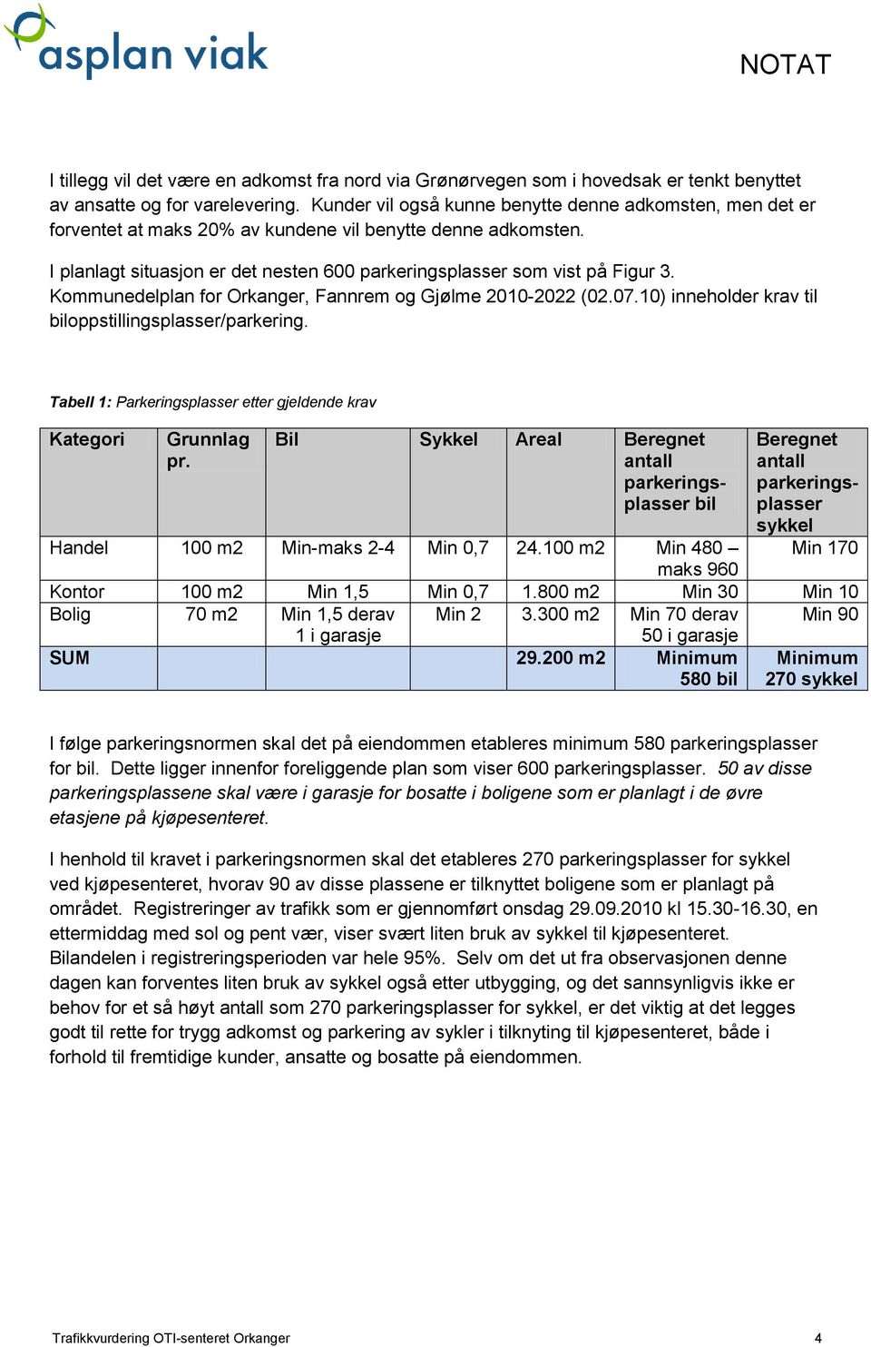 Kommunedelplan for Orkanger, Fannrem og Gjølme 2010-2022 (02.07.10) inneholder krav til biloppstillingsplasser/parkering. Tabell 1: Parkeringsplasser etter gjeldende krav Kategori Grunnlag pr.