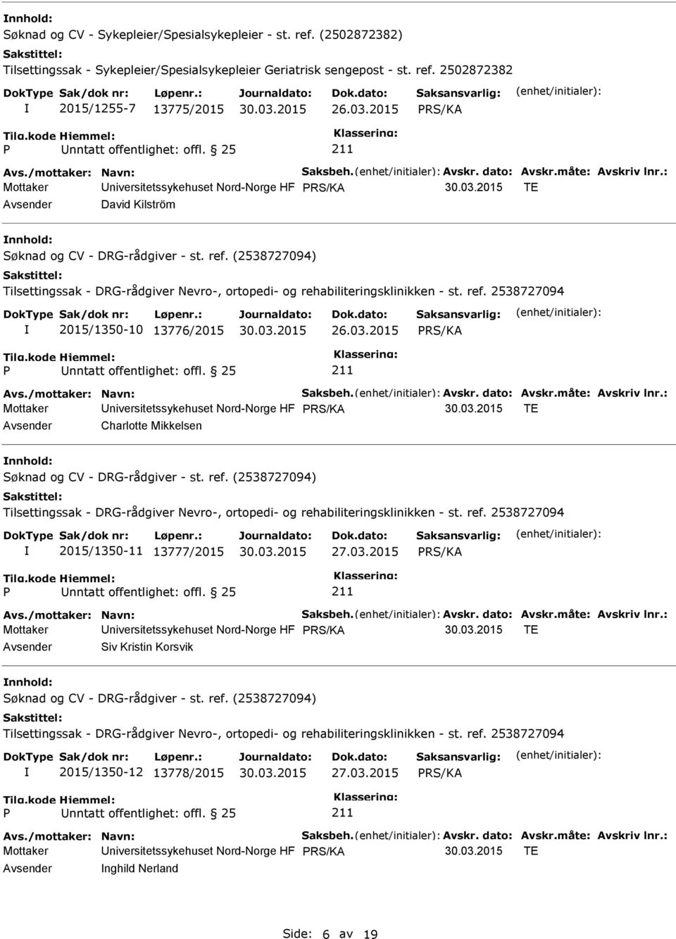 /mottaker: Navn: Saksbeh. Avskr. dato: Avskr.måte: Avskriv lnr.: TE Avsender Siv Kristin Korsvik nnhold: 2015/1350-12 13778/2015 RS/KA Avs./mottaker: Navn: Saksbeh. Avskr. dato: Avskr.måte: Avskriv lnr.: TE Avsender nghild Nerland Side: 6 av 19