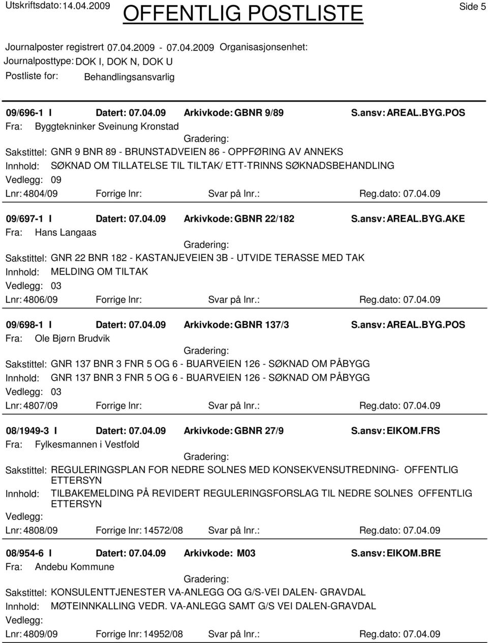 Lnr: 4804/09 Forrige lnr: Svar på lnr.: Reg.dato: 07.04.09 09/697-1 I Datert: 07.04.09 Arkivkode:GBNR 22/182 S.ansv: AREAL.BYG.
