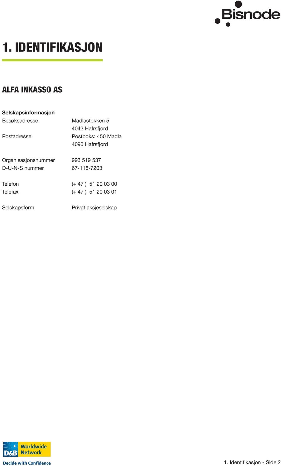 Organisasjonsnummer 993 519 537 D-U-N-S nummer 67-118-7203 Telefon (+ 47 ) 51 20