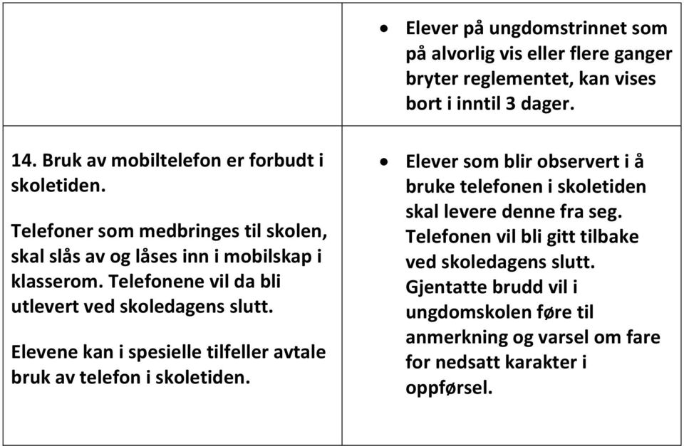 Telefonene vil da bli utlevert ved skoledagens slutt. Elevene kan i spesielle tilfeller avtale bruk av telefon i skoletiden.