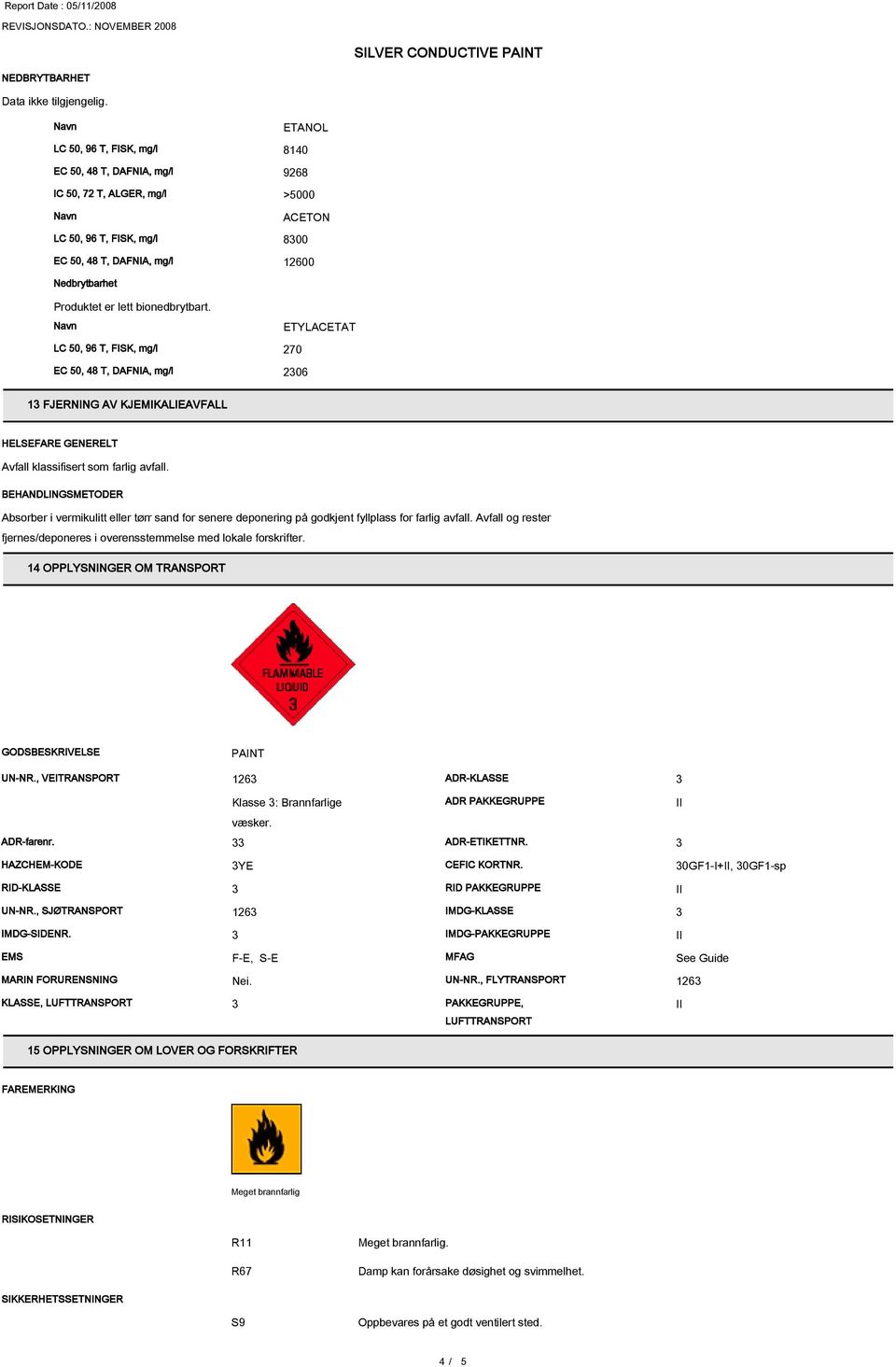 bionedbrytbart. LC 50, 96 T, FISK, mg/l 270 EC 50, 48 T, DAFNIA, mg/l 206 1 FJERNING AV KJEMIKALIEAVFALL HELSEFARE GENERELT Avfall klassifisert som farlig avfall.