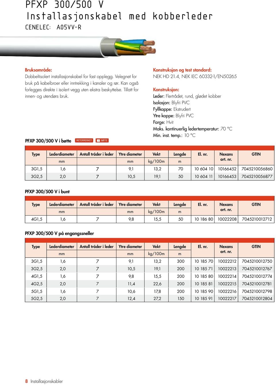 4, NEK IEC 60332-1/EN50265 Leder: Flertrådet, rund, glødet kobber Isolasjon: Blyfri PVC Fyllkappe: Ekstrudert Ytre kappe: Blyfri PVC Farge: Hvit Maks. kontinuerlig ledertemperatur: 70 C Min. inst.