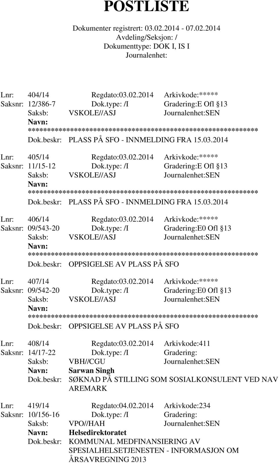 type: /I Gradering:E0 Ofl 13 Saksb: VSKOLE//ASJ SEN Dok.beskr: OPPSIGELSE AV PLASS PÅ SFO Lnr: 407/14 Regdato:03.02.2014 Arkivkode:***** Saksnr: 09/542-20 Dok.