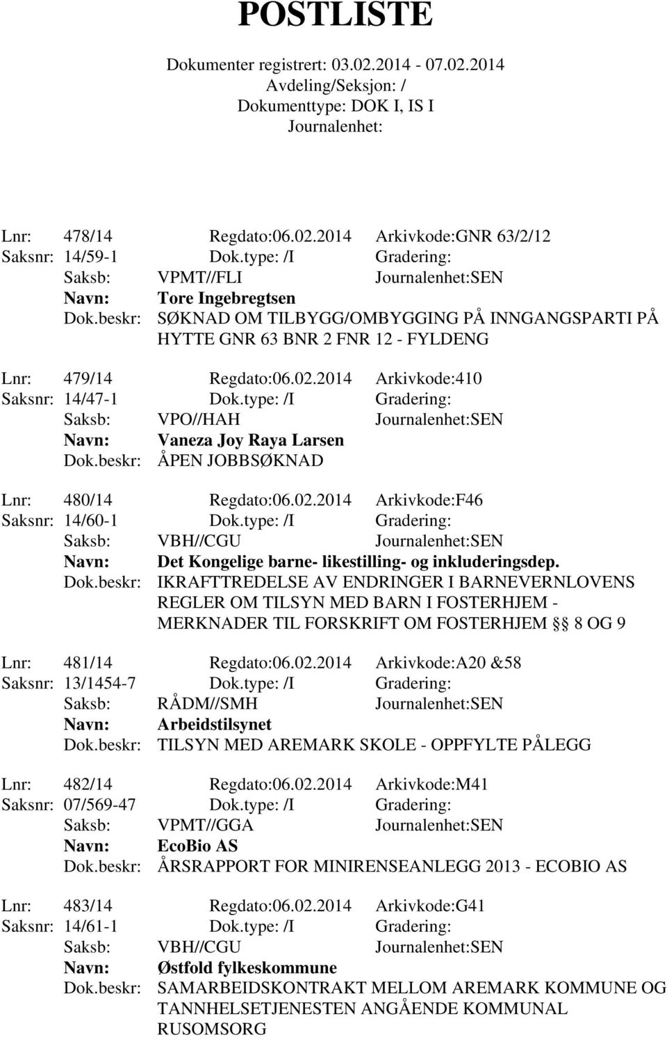 type: /I Gradering: Vaneza Joy Raya Larsen Dok.beskr: ÅPEN JOBBSØKNAD Lnr: 480/14 Regdato:06.02.2014 Arkivkode:F46 Saksnr: 14/60-1 Dok.