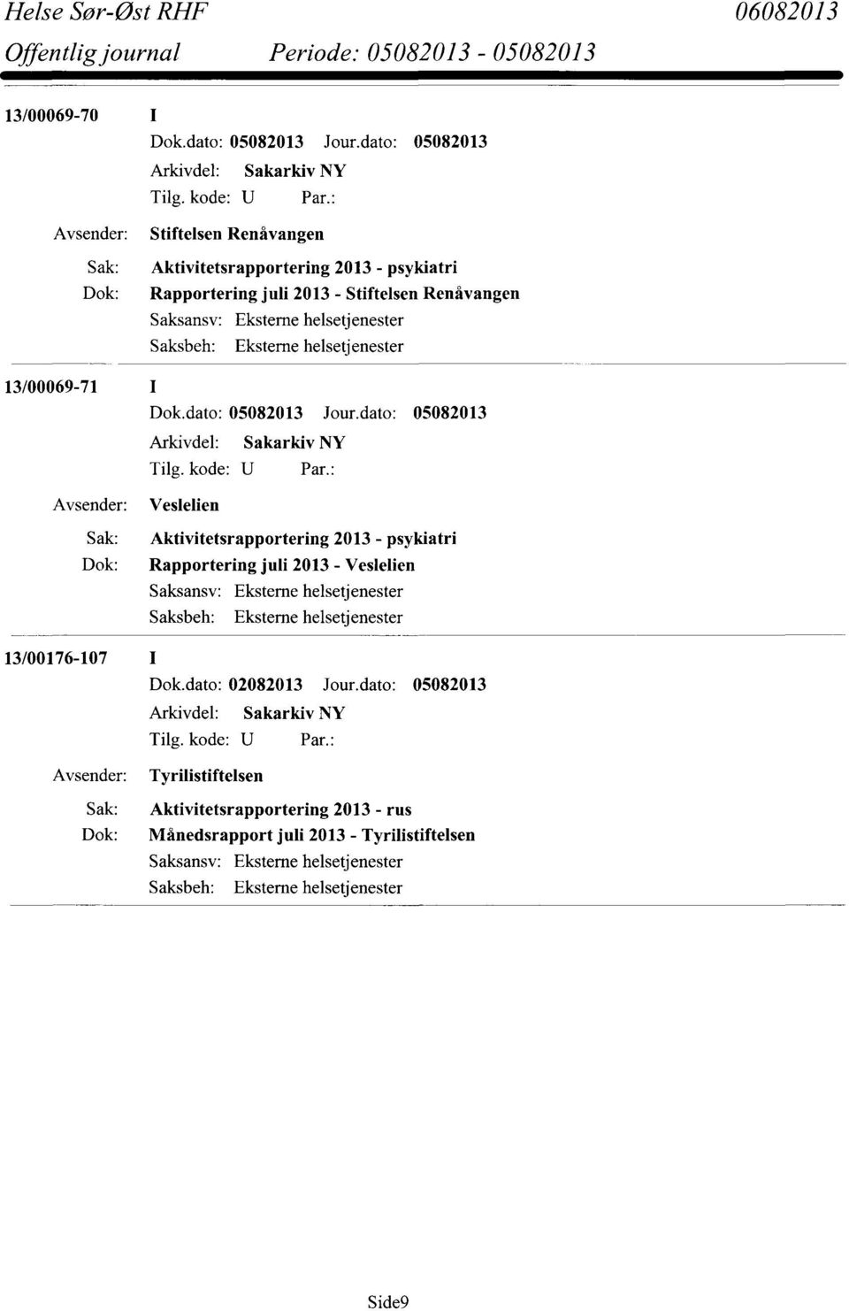 2013 - psykiatri Rapportering juli 2013 - Veslelien 13/00176-107 I Dok.dato: 02082013 Jour.