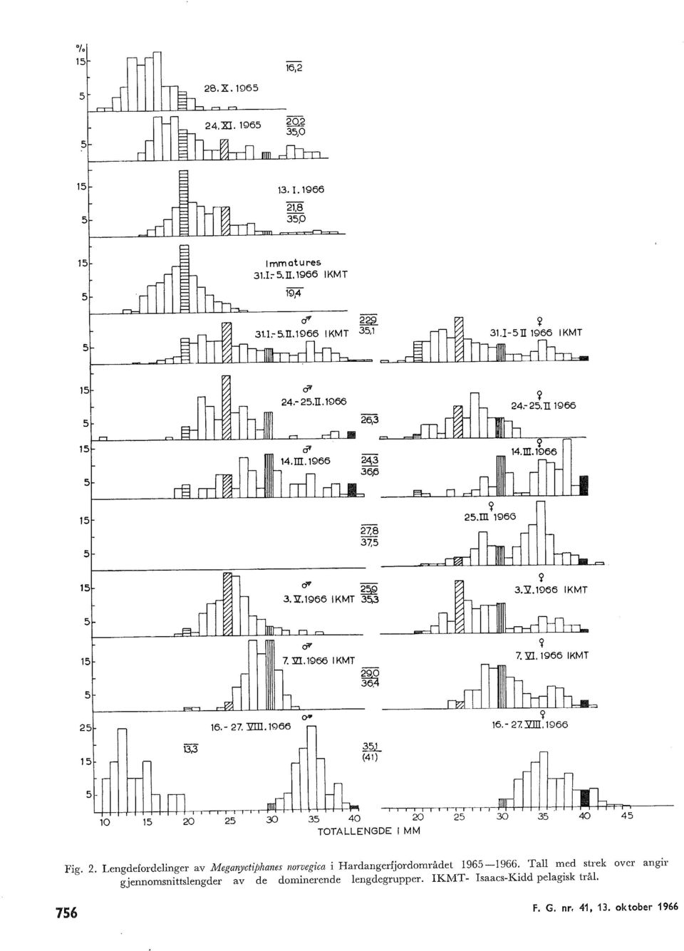 . :sz:m. 966 ~ (4) 0 20 2 40 20 TOTALLENGDE MM 2 40 4 Fig. 2. Lengdefordeinger av Meganyctiphanes norvegica i Hardangerfjordområdet 96 966.