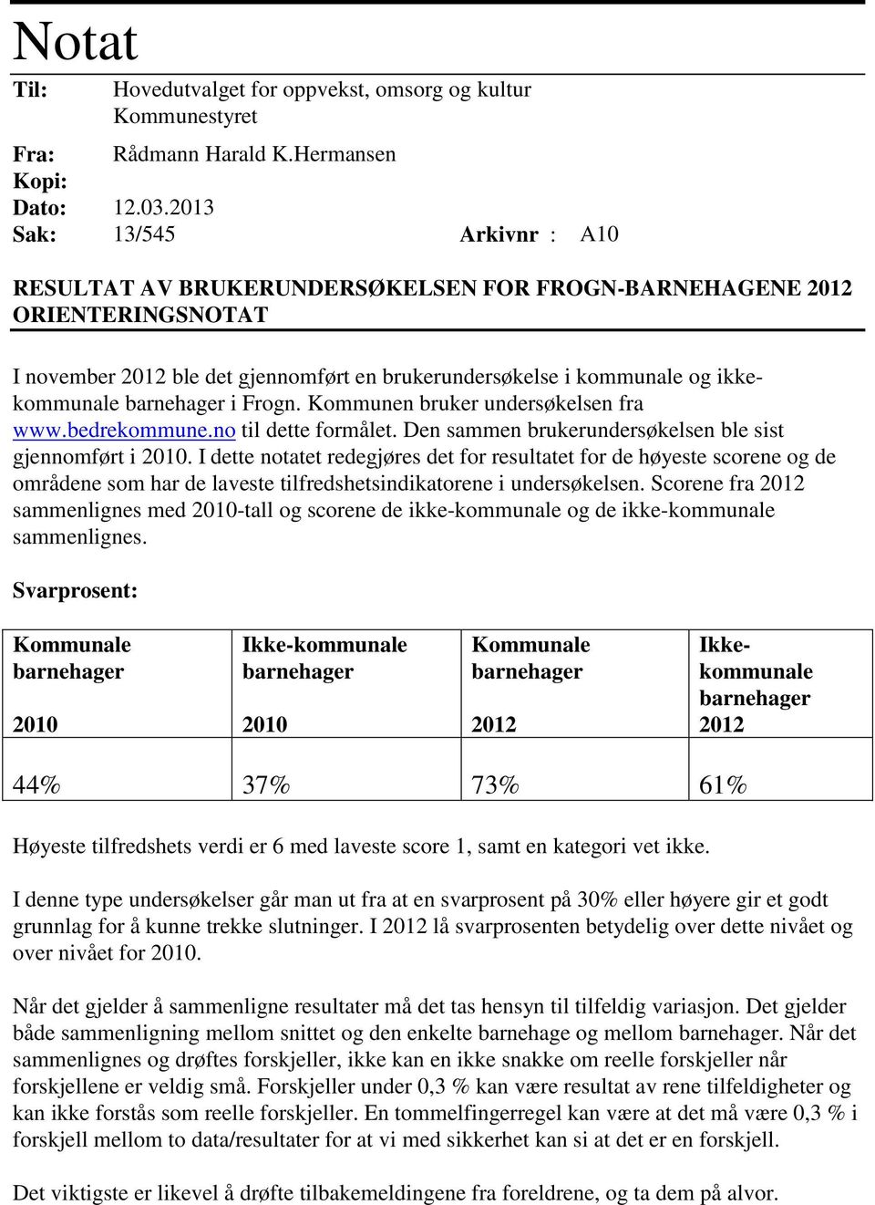 Kommunen bruker undersøkelsen fra www.bedrekommune.no til dette formålet. Den sammen brukerundersøkelsen ble sist gjennomført i 2010.