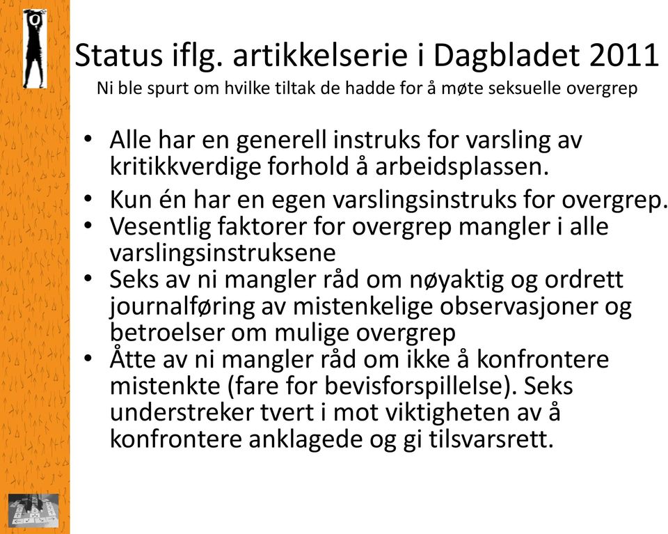 kritikkverdige forhold å arbeidsplassen. Kun én har en egen varslingsinstruks for overgrep.