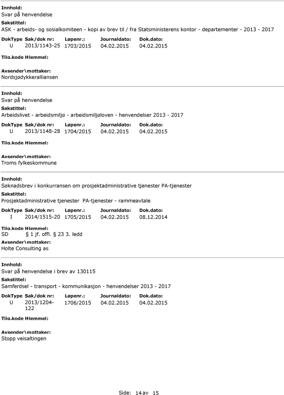 2013-2017 2013/1148-28 1704/2015 Troms fylkeskommune 2014/1515-20 1705/2015 Holte Consulting as 08.12.