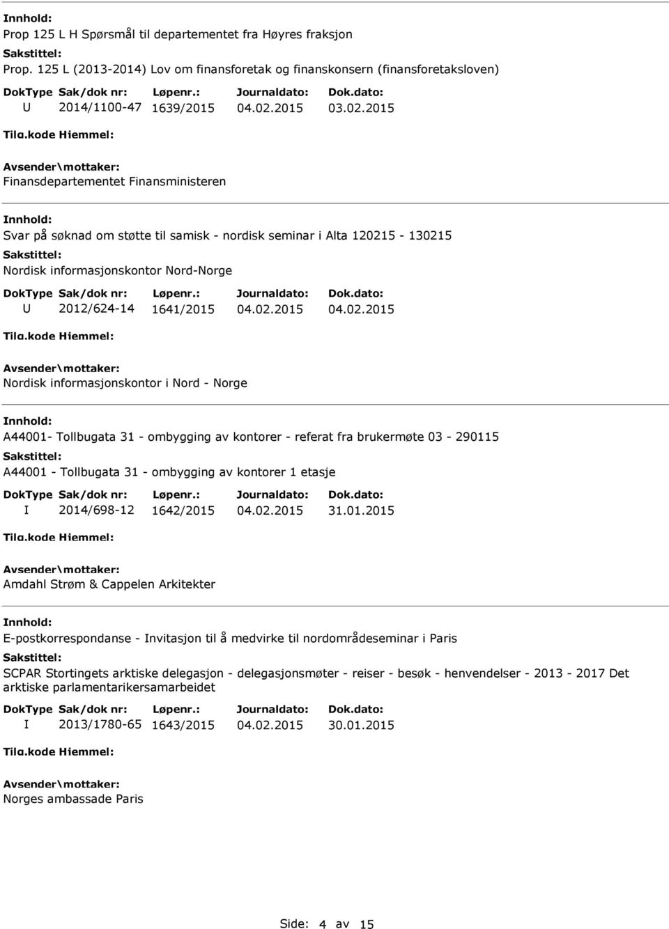 120215-130215 Nordisk informasjonskontor Nord-Norge 2012/624-14 1641/2015 Nordisk informasjonskontor i Nord - Norge A44001- Tollbugata 31 - ombygging av kontorer - referat fra brukermøte 03-290115