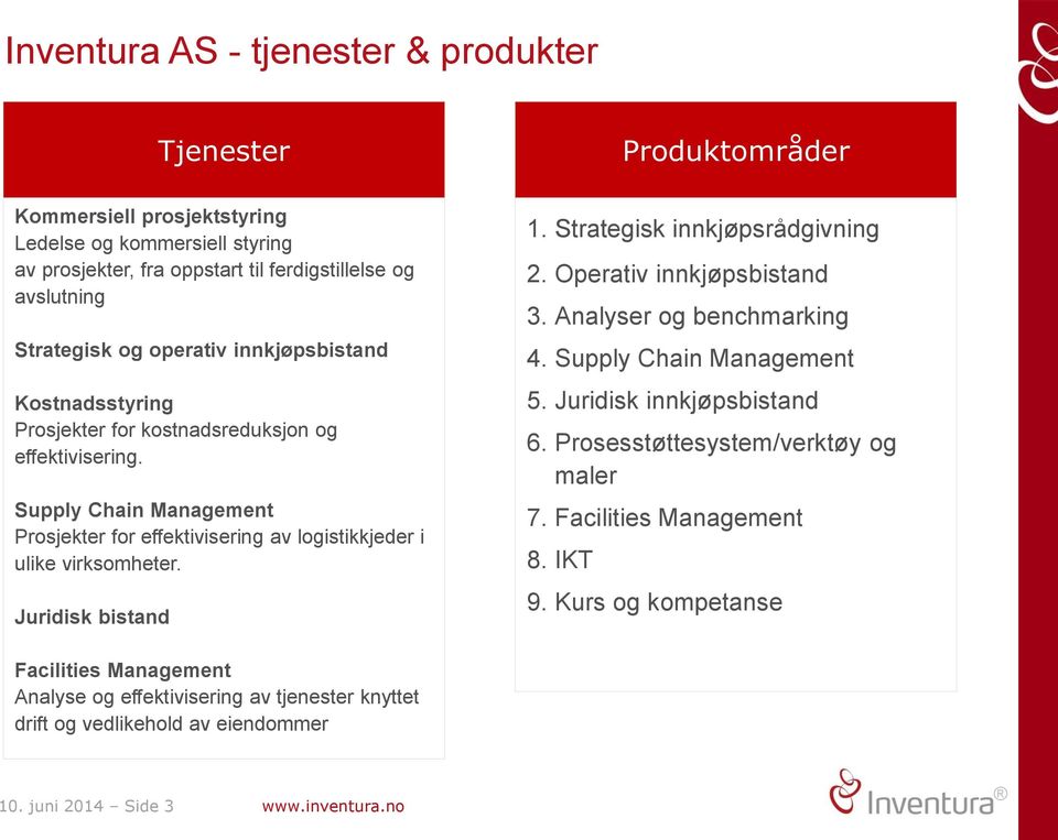 Juridisk bistand 1. Strategisk innkjøpsrådgivning 2. Operativ innkjøpsbistand 3. Analyser og benchmarking 4. Supply Chain Management 5. Juridisk innkjøpsbistand 6.