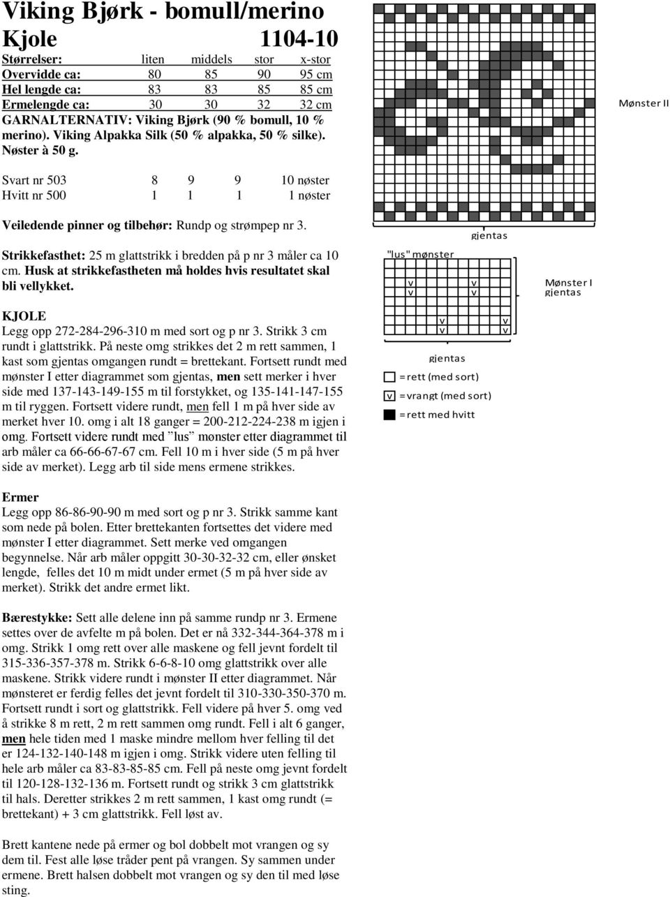 Mønster II Svart nr 503 8 9 9 10 nøster Hvitt nr 500 1 1 1 1 nøster Veiledende pinner og tilbehør: Rundp og strømpep nr 3. Strikkefasthet: 25 m glattstrikk i bredden på p nr 3 måler ca 10 cm.