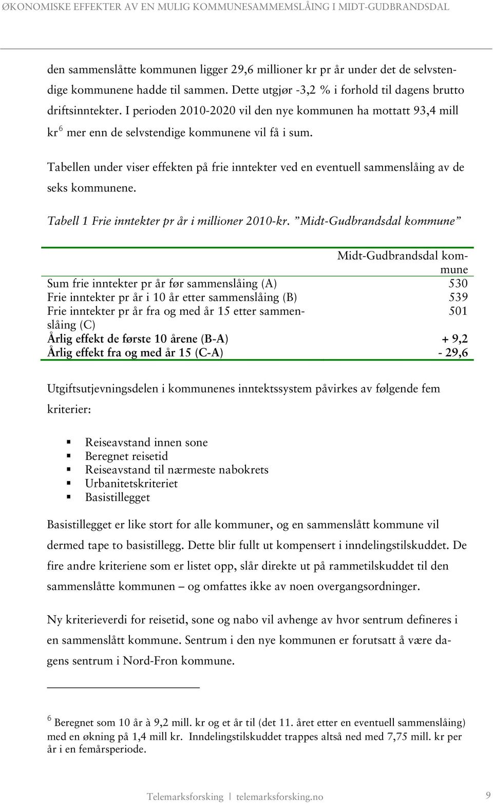 Tabellen under viser effekten på frie inntekter ved en eventuell sammenslåing av de seks kommunene. Tabell 1 Frie inntekter pr år i millioner 2010-kr.