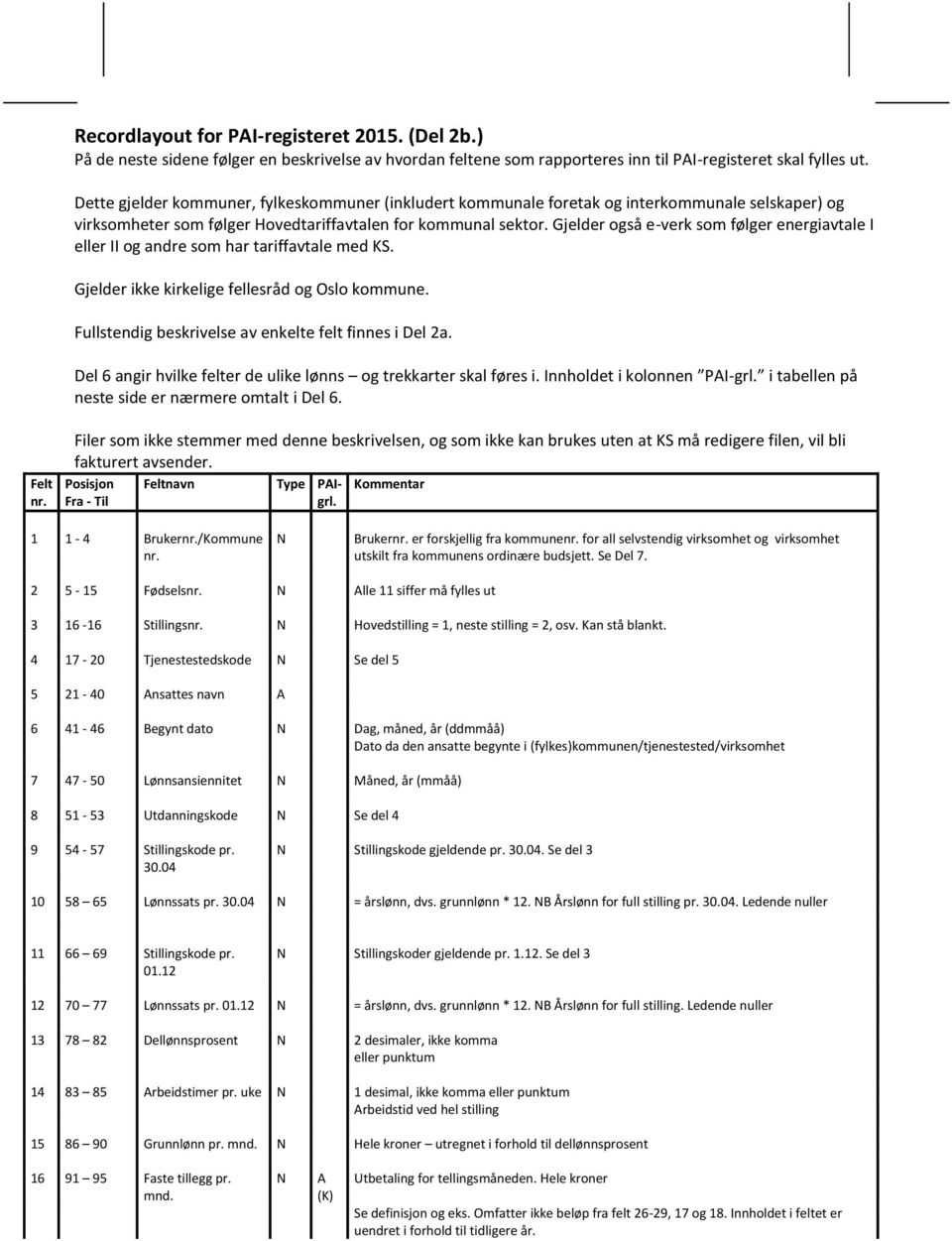 Gjelder også e-verk som følger energiavtale I eller II og andre som har tariffavtale med KS. Gjelder ikke kirkelige fellesråd og Oslo kommune. Fullstendig beskrivelse av enkelte felt finnes i Del 2a.