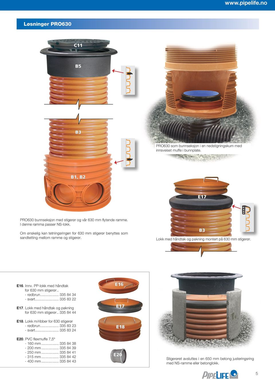 .. 335 84 34 svart... 335 83 22 E17. Lokk med håndtak og pakning for 630 mm stigerør... 335 84 44 E18. Lokk m/ribber for 630 stigerør rødbrun... 335 83 23 svart... 335 83 24 0.