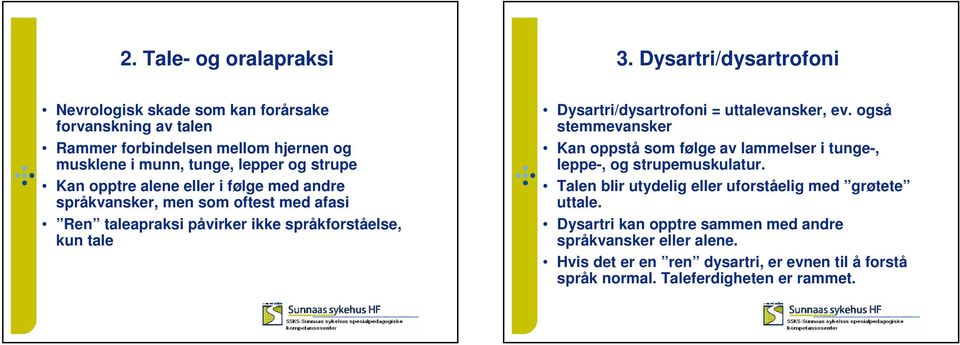 opptre alene eller i følge med andre språkvansker, men som oftest med afasi Ren taleapraksi påvirker ikke språkforståelse, kun tale Dysartri/dysartrofoni =