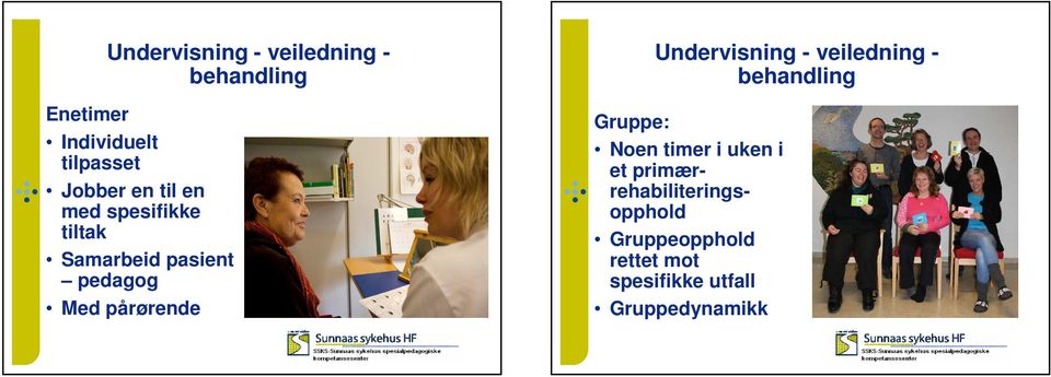 Undervisning - veiledning - behandling Gruppe: Noen timer i uken i et