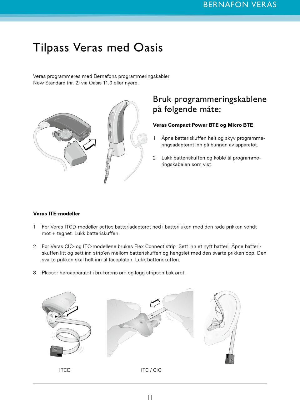 VR_ILU_DaiFMAdapterOnMicroBTE_BW_MOD_HI Bruk programmeringskablene på følgende måte: Veras Compact Power BTE og Micro BTE 1 Åpne batteriskuffen helt og skyv programmeringsadapteret inn på bunnen av