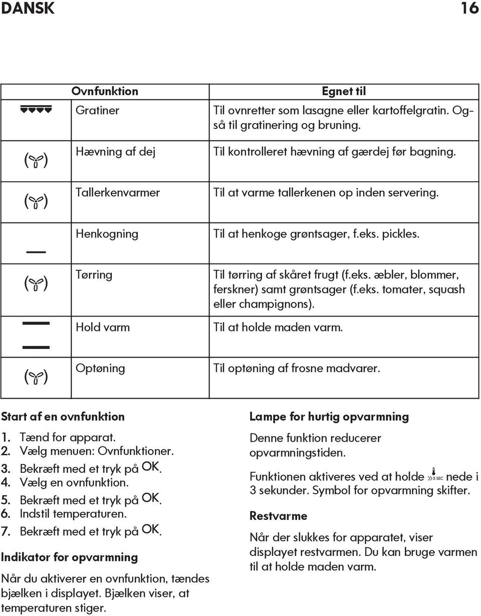 eks. tomater, squash eller champignons). Til at holde maden varm. Optøning Til optøning af frosne madvarer. Start af en ovnfunktion 1. Tænd for apparat. 2. Vælg menuen: Ovnfunktioner. 3.