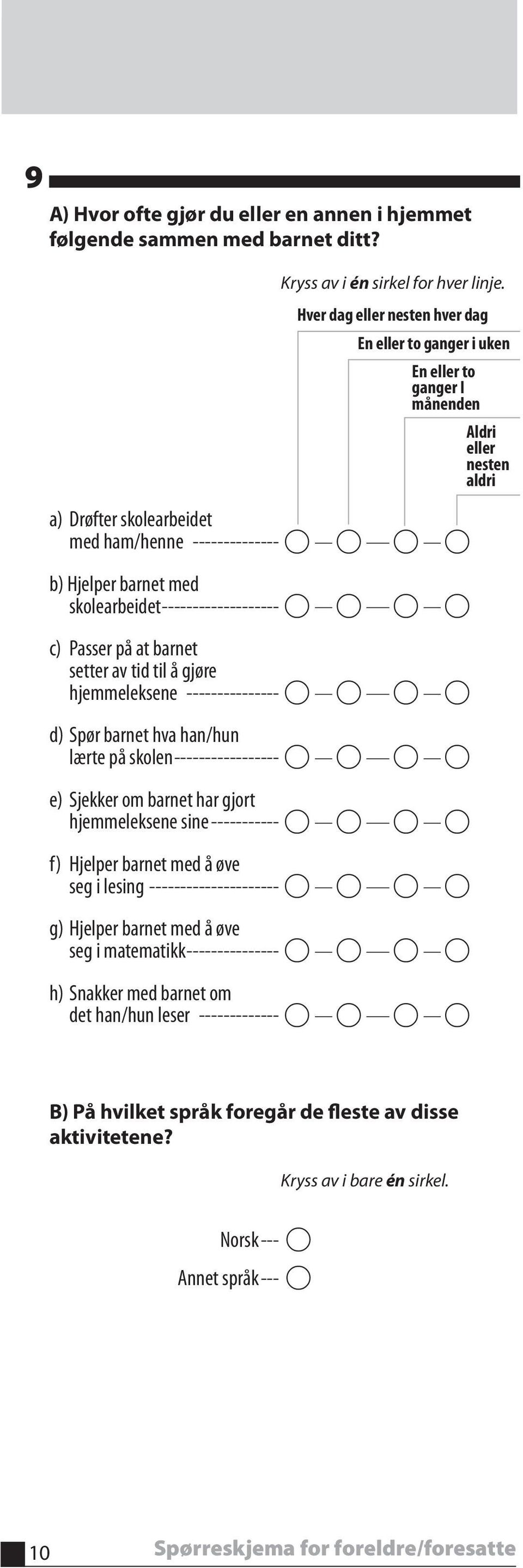 skolearbeidet ------------------- c) Passer på at barnet setter av tid til å gjøre hjemmeleksene --------------- d) Spør barnet hva han/hun lærte på skolen ----------------- e) Sjekker om barnet har