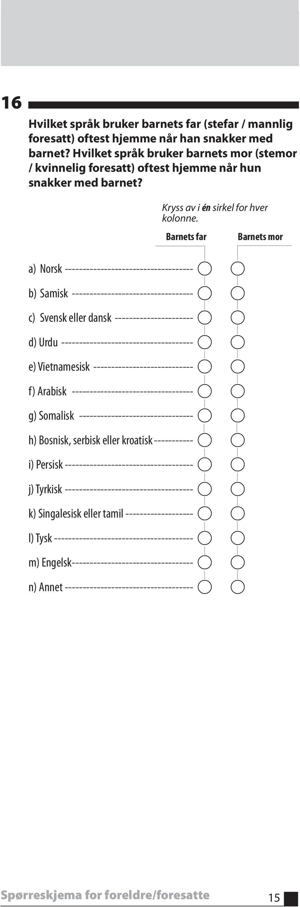 Barnets far a) Norsk ------------------------------------ b) Samisk ---------------------------------- c) Svensk eller dansk ---------------------- d) Urdu ------------------------------------- e)