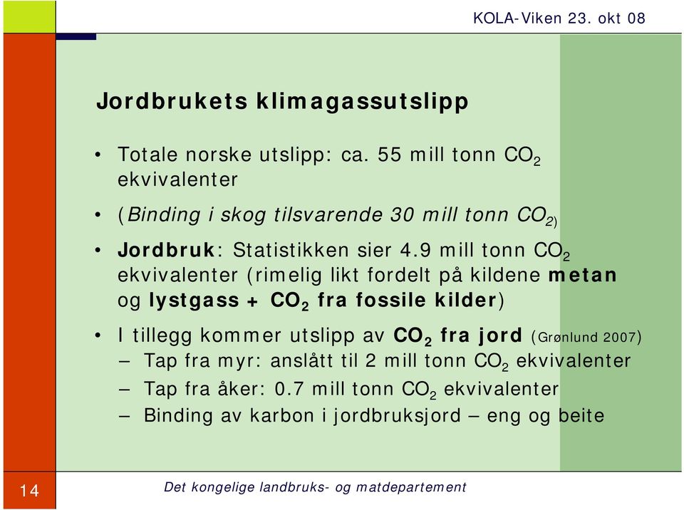 9 mill tonn CO 2 ekvivalenter (rimelig likt fordelt på kildene metan og lystgass + CO 2 fra fossile kilder) I tillegg