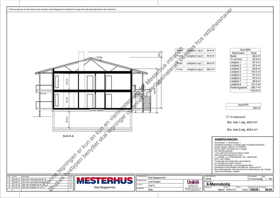 5 m² TEGN, INNHOD: Snitt NMERKNINGER: - Risikoklasse: 4 / Brannklasse: 1 - Energidokumentasjon: U-verdier angitt i energidokumentasjon.