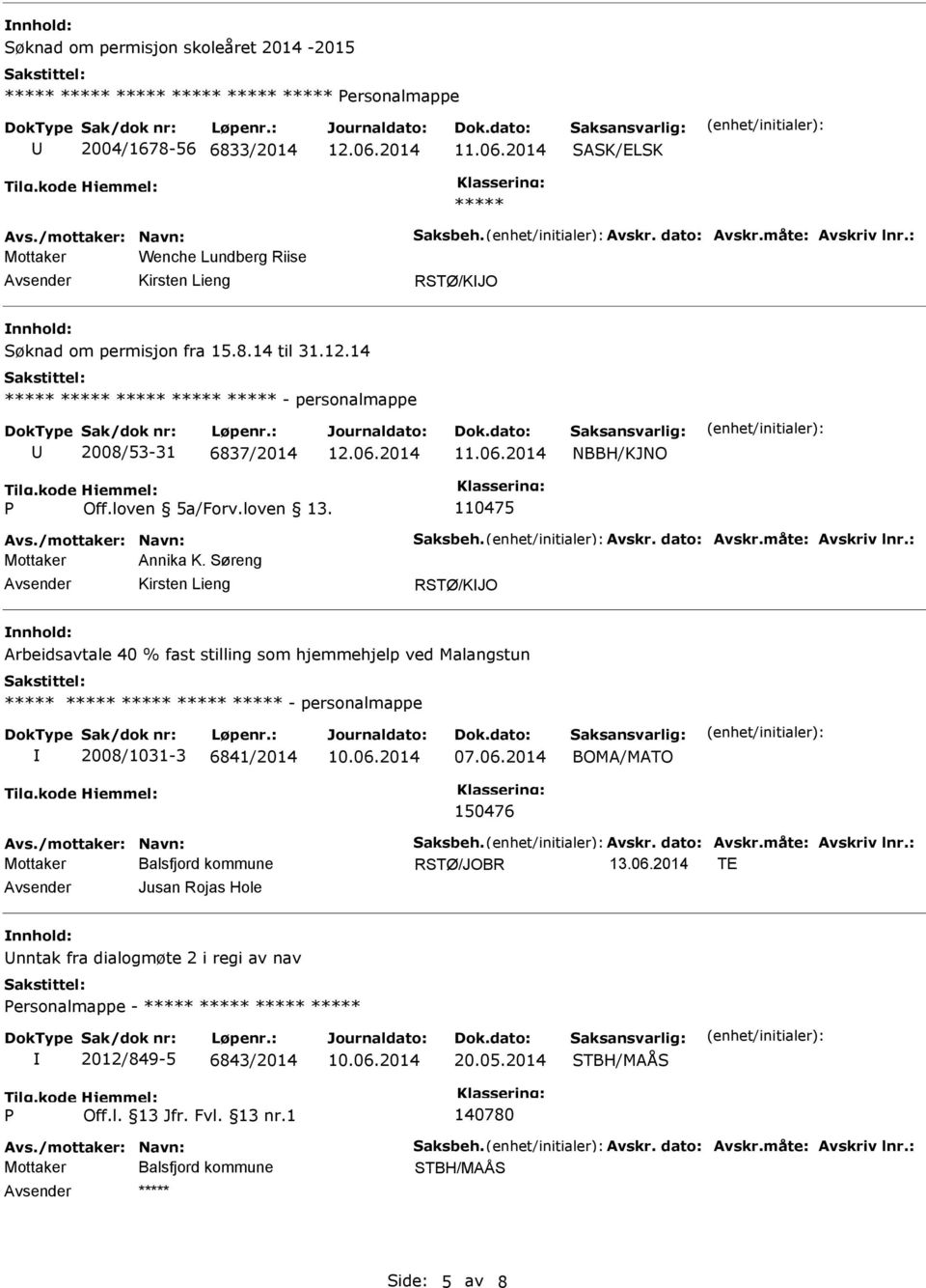 Avskr. dato: Avskr.måte: Avskriv lnr.: Mottaker Annika K. Søreng RSTØ/KJO Arbeidsavtale 40 % fast stilling som hjemmehjelp ved Malangstun - personalmappe 2008/1031-3 6841/2014 07.06.