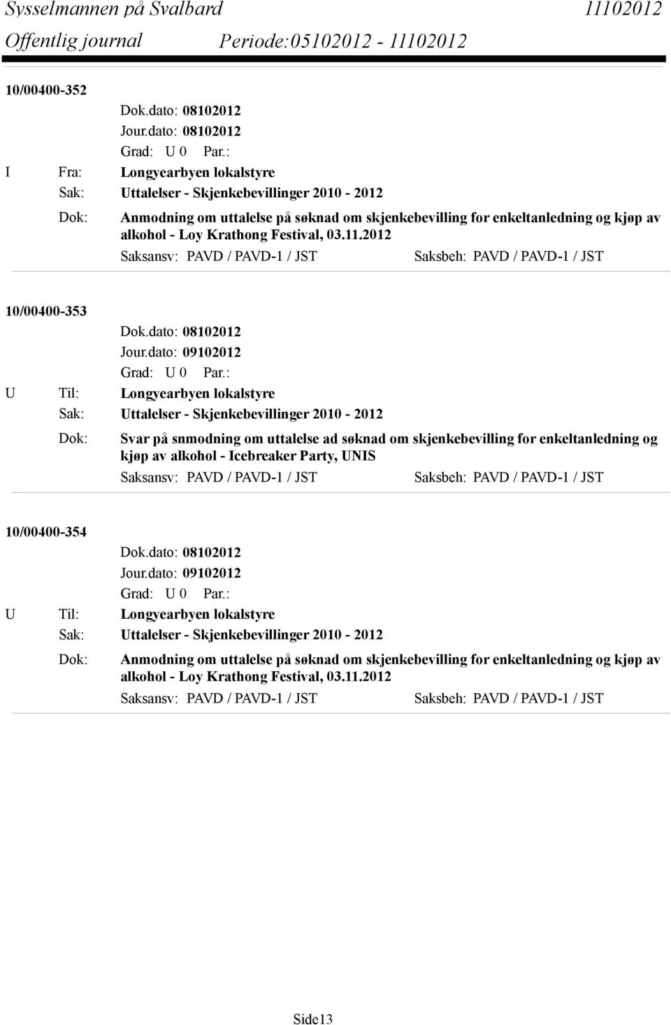 2012 Saksansv: PAVD / PAVD-1 / JST Saksbeh: PAVD / PAVD-1 / JST 10/00400-353 U Til: Longyearbyen lokalstyre Sak: Uttalelser - Skjenkebevillinger 2010-2012 Dok: Svar på snmodning om uttalelse ad